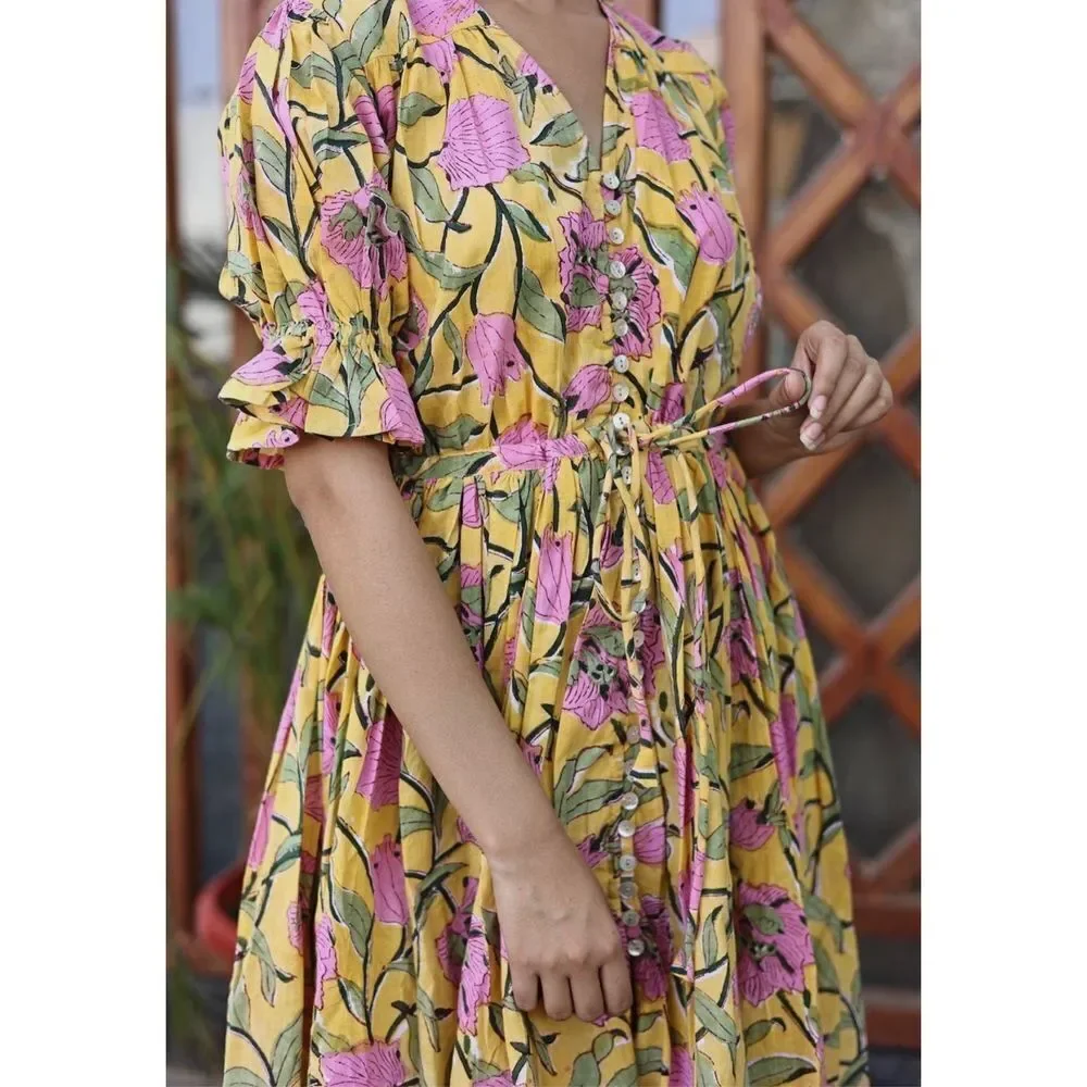 Fox & the Mermaid Venice floral block printed cotton midi dress Sz M/L NWT - Picture 3 of 11